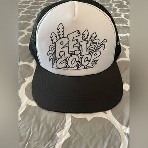 REI Men's Co-Op Black White Trucker Mesh Snap-Back Hat for Outdoor Hiking